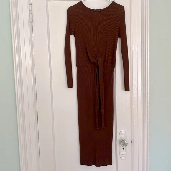 ZARA LONG KNIT MIDI BELTED WRAP DRESS CHOCOLATE BROWN - Picture 4 of 7